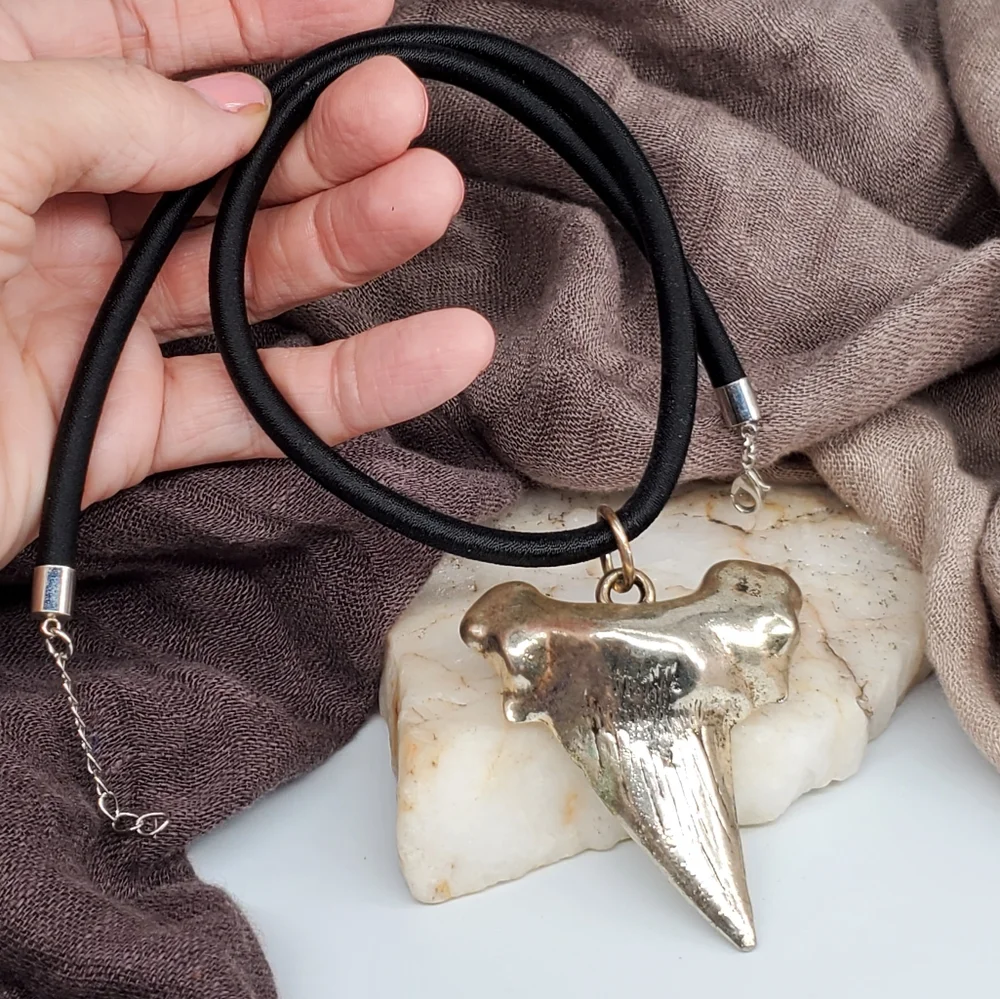 Large Heavy Silver Plated Shark Tooth Big Pendant Black Cord Necklace Gift